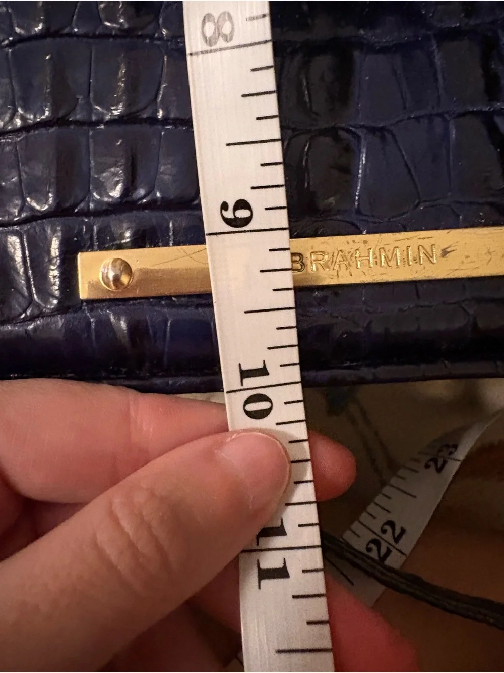 Brahmin Navy Croc-Embossed Satchel with Gold Hardware